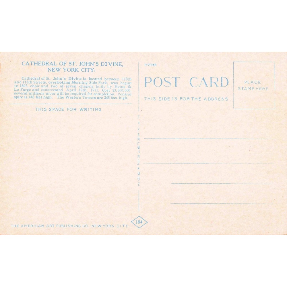 Vintage 1917 Cathedral St Johns Divine NYC Postcard American Art Publishing Co - Picture 2 of 2